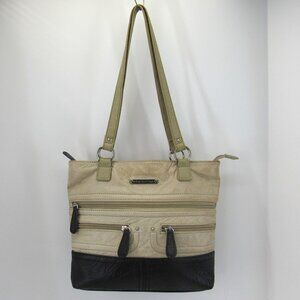 Stone Mountain Beige & Black Double Handle Multi Zip Pockets Leather Handbag